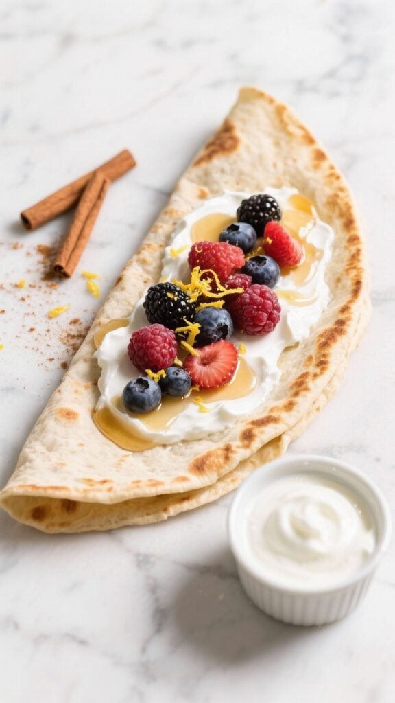 Tasty top view: Overhead shot of a sweet version—cooked wrap used as a flatbread, spread with Gree
