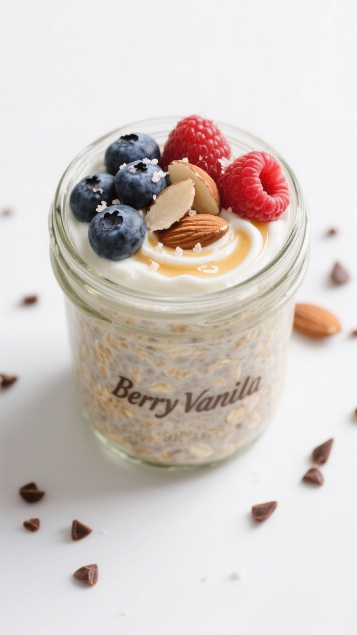 Tasty top view: Overhead shot of “Berry Vanilla” overnight oats in a 12–16 oz glass jar, toppe
