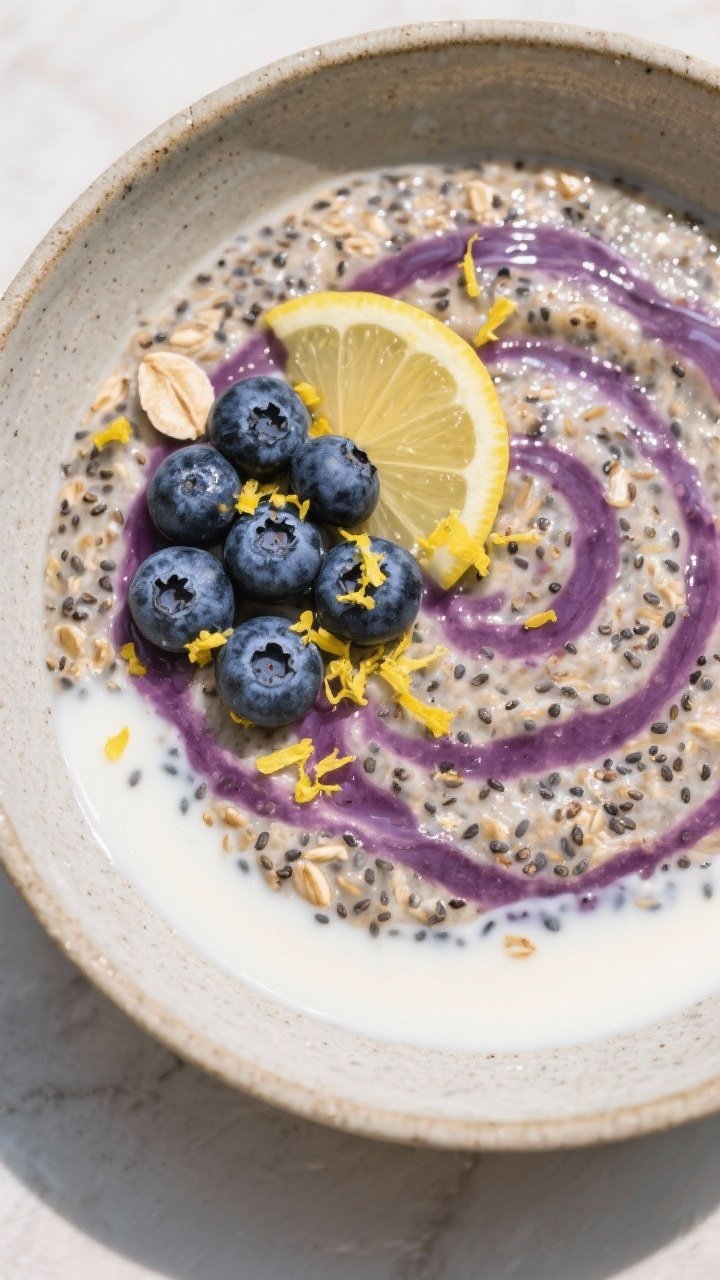 Tasty top view: Overhead shot of Lemon Blueberry variation—oats set overnight, visibly thick with 