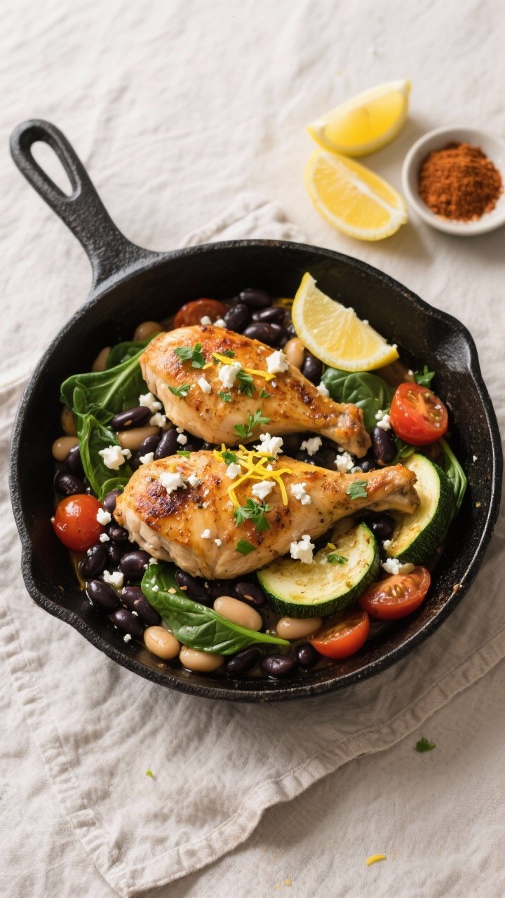 Tasty top view: Overhead shot of the finished high-protein chicken and bean skillet—golden-browned