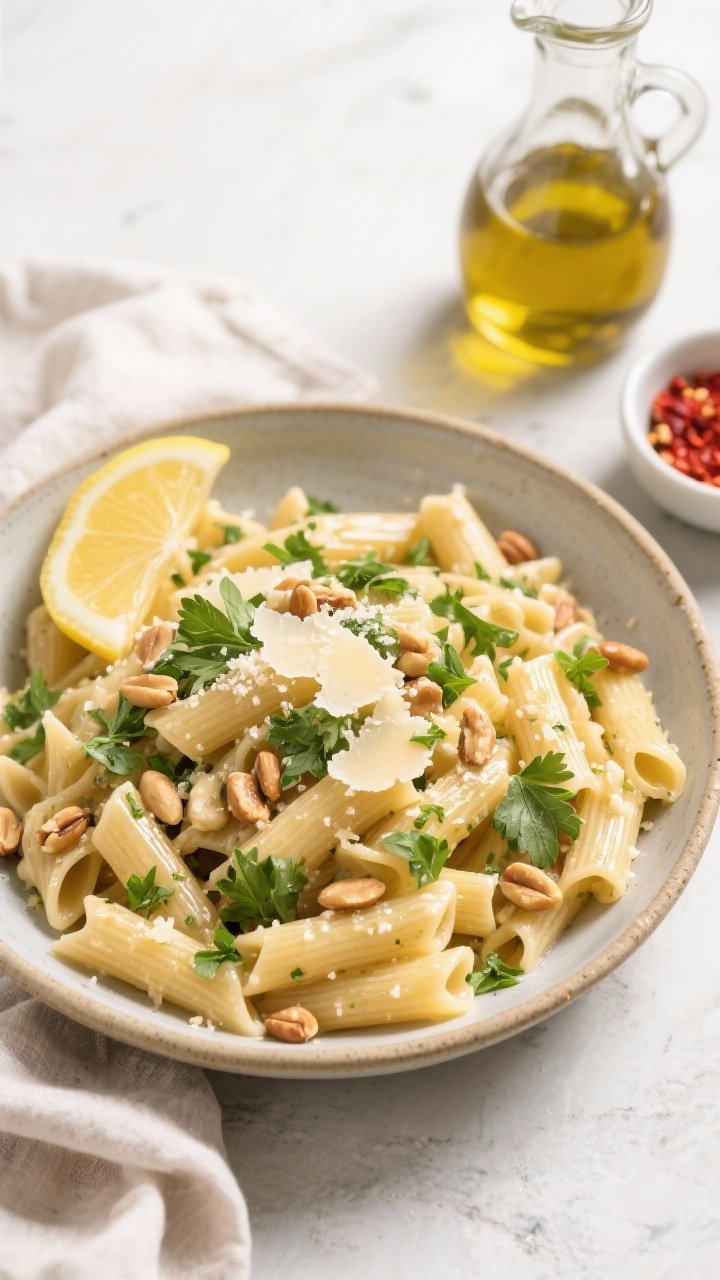 Tasty top view: Overhead shot of the finished high-protein tossed pasta in a wide, shallow ceramic b