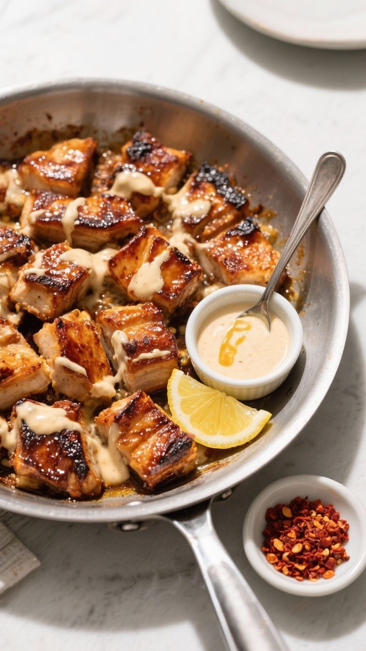 Tasty top view: Top-down hero shot of the assembled skillet served family-style in a wide stainless 