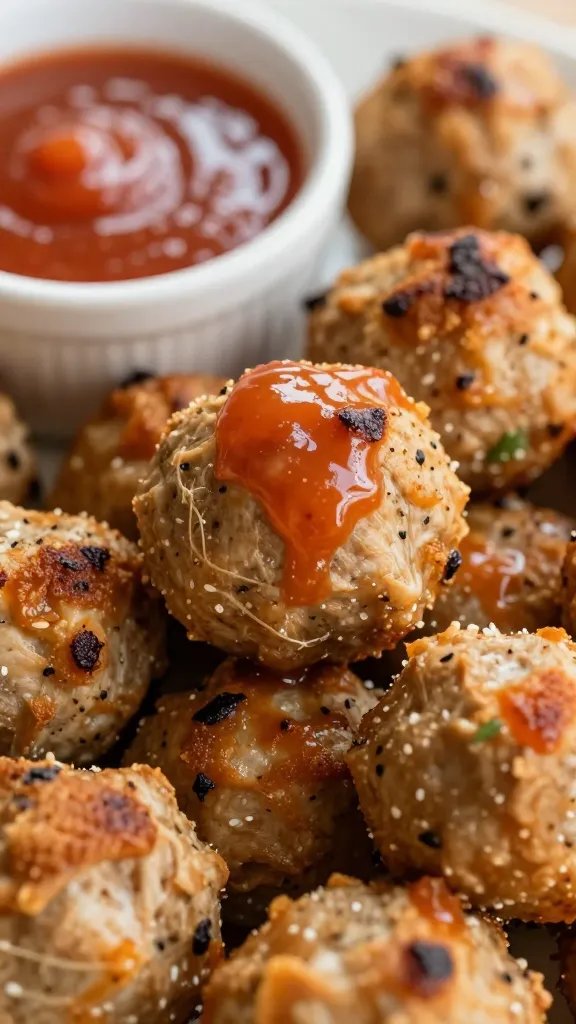**Close-up of baked chicken meatballs with dipping sauce**