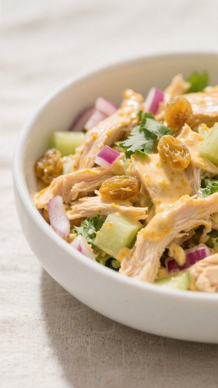 Close-up detail: A creamy, fully mixed curry chicken salad in a white ceramic bowl, showing finely s
