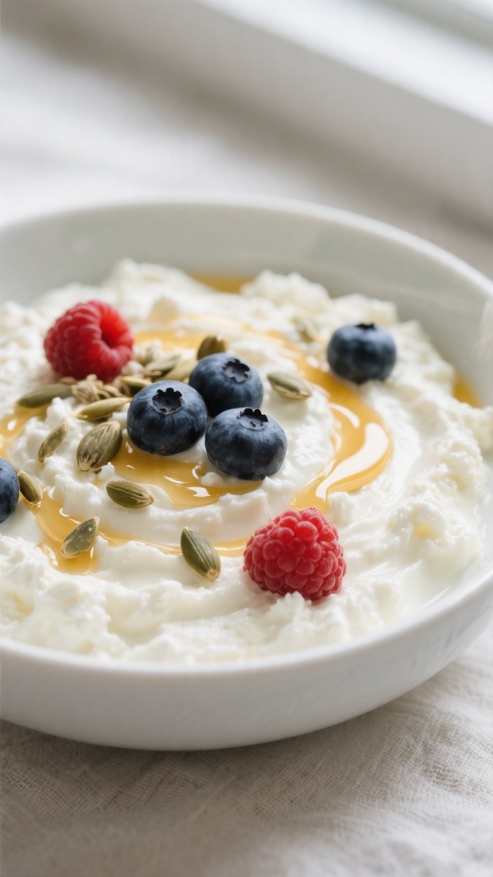 Close-up detail: A creamy swirl of full-fat cottage cheese in a matte white bowl, topped with a glis