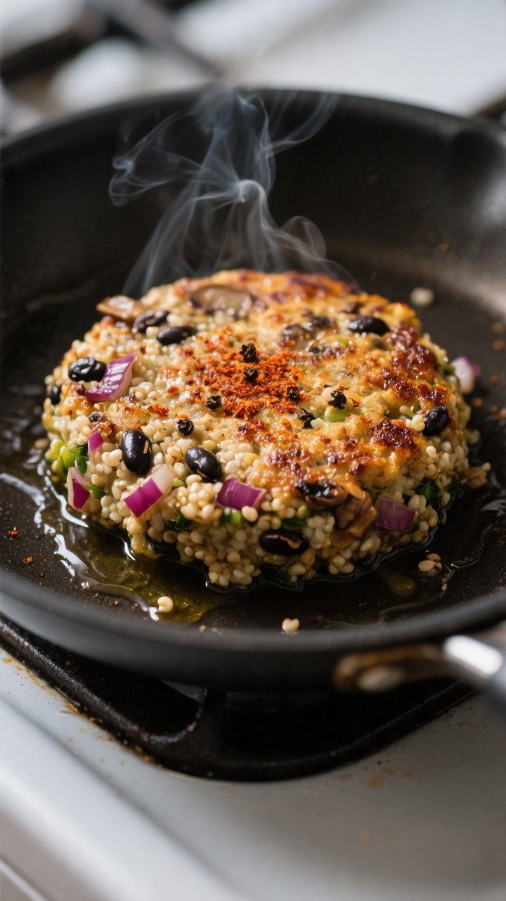 Close-up detail: A seared black bean–quinoa veggie patty in a nonstick skillet, golden-brown crust