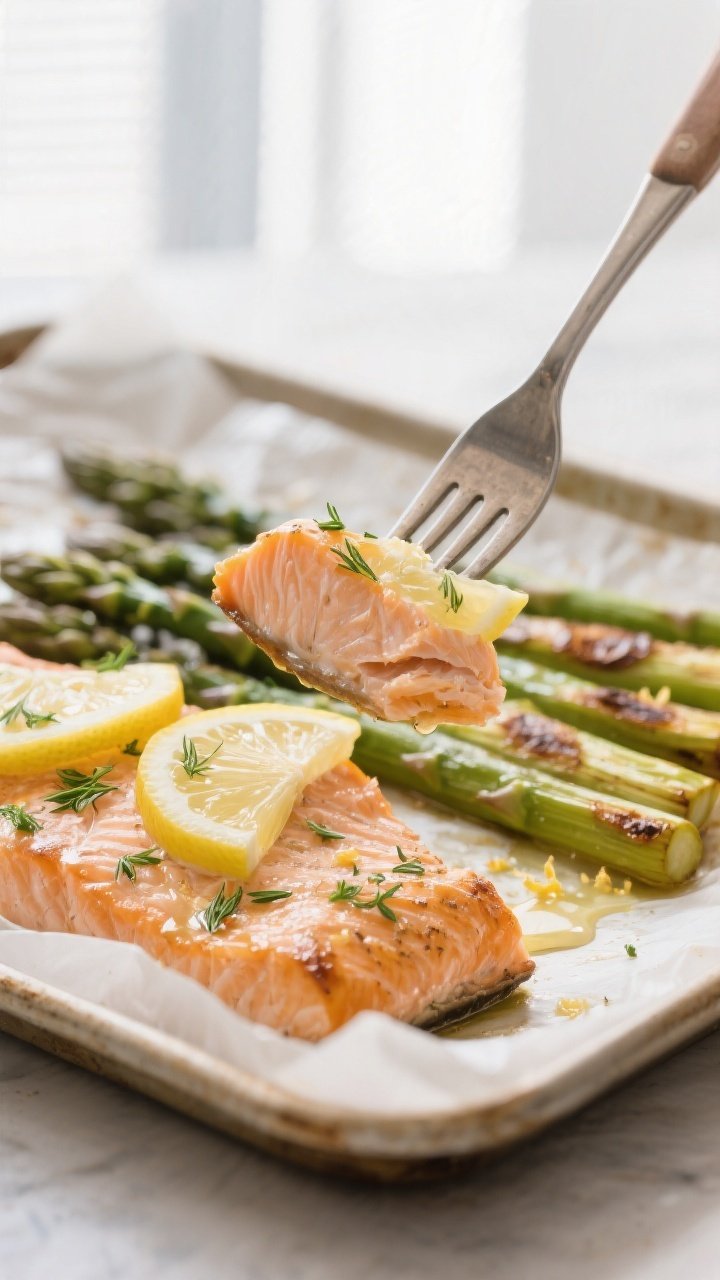 Close-up detail: Flaky oven-baked salmon just out of the oven, fork gently lifting a moist, opaque f