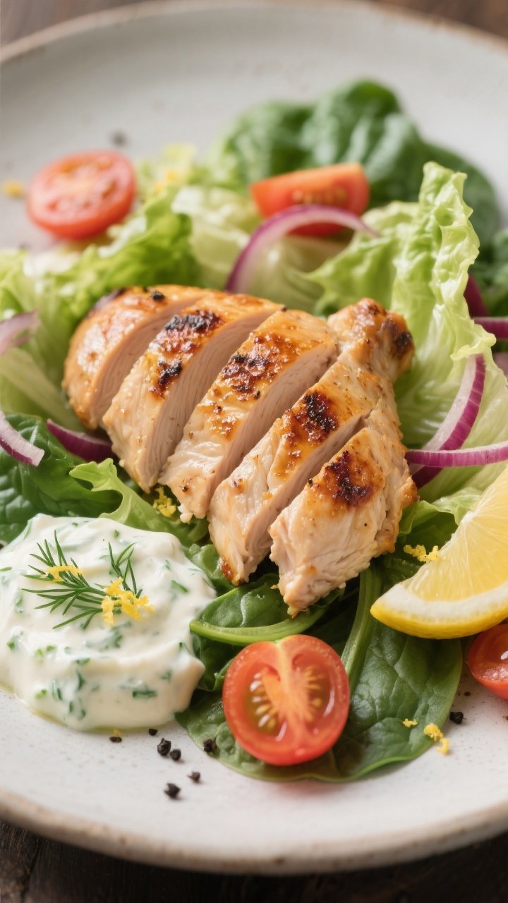 Close-up detail: Sliced grilled chicken thigh fanned over crisp romaine and baby spinach, focus on t