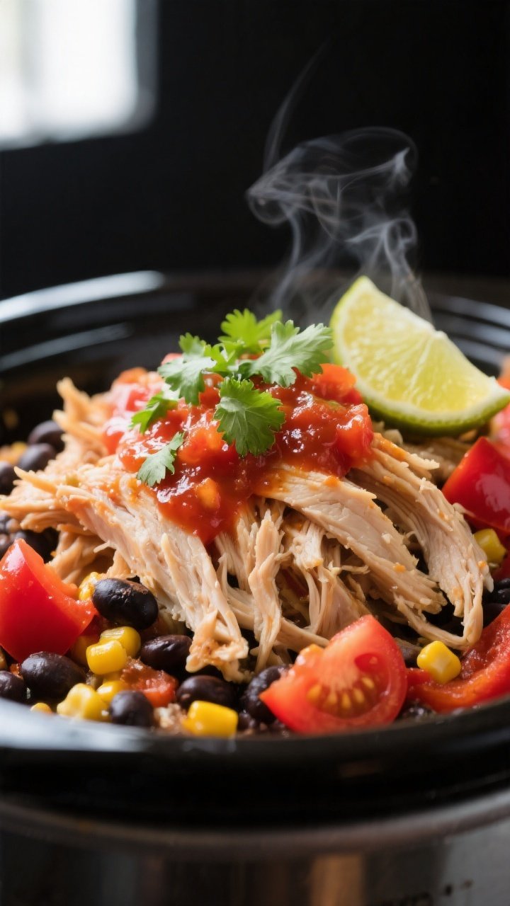 slow cooker shredded mexican chicken just pulled from the slow cooker, glistening
