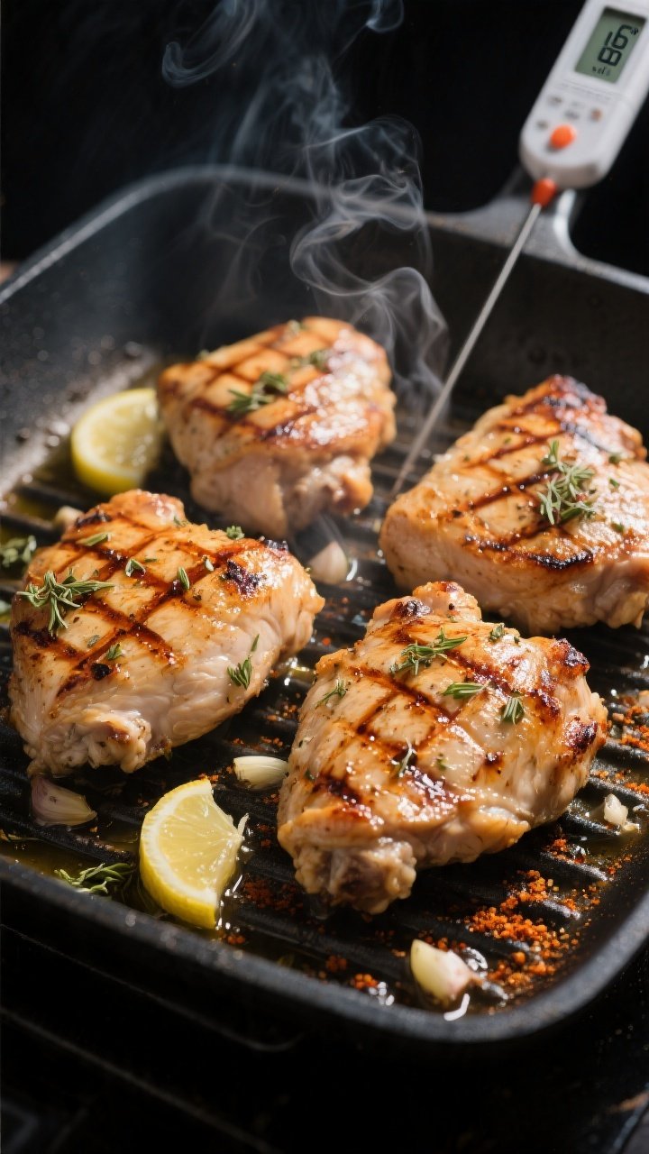 Cooking process: Juicy grilled chicken thighs sizzling on a grill pan, lightly charred crosshatch ma