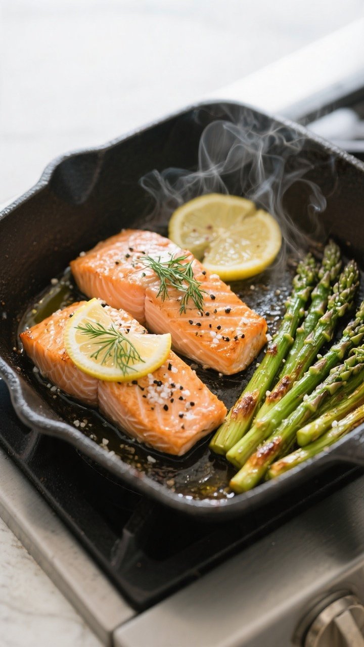 Cooking process: One-pan salmon and asparagus mid-roast at 400°F, overhead shot capturing even spac