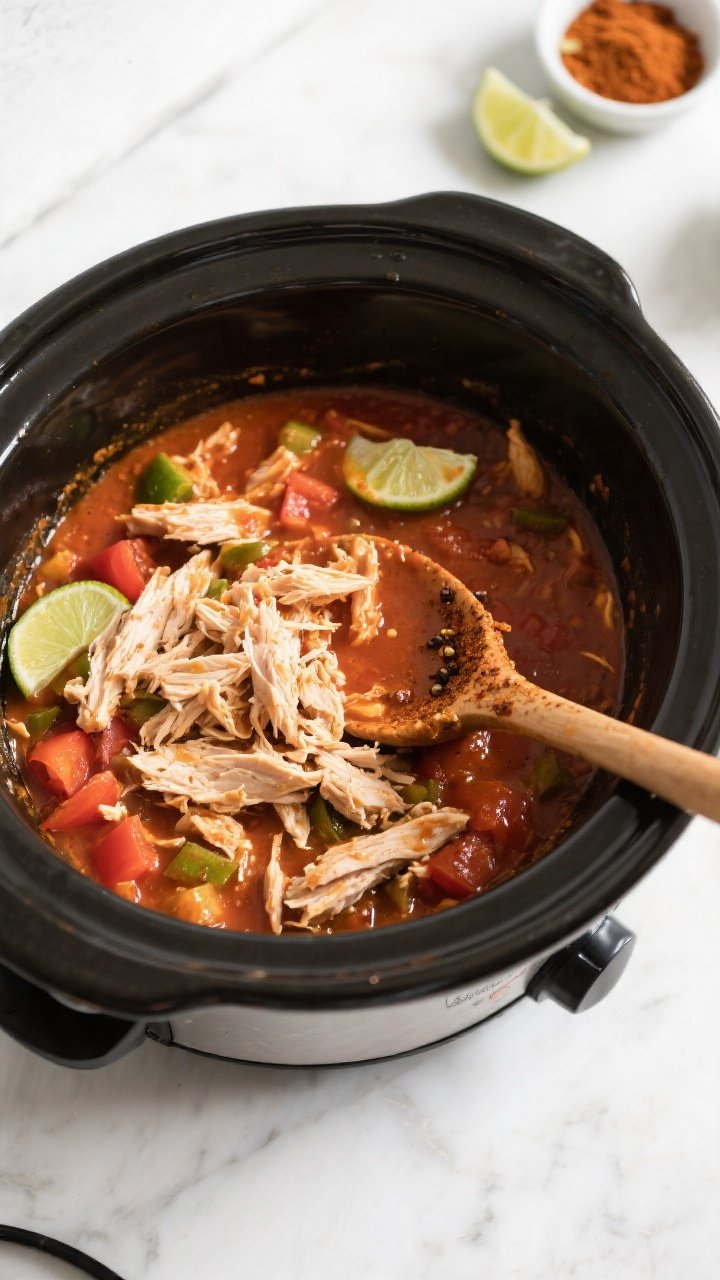 Cooking process: Overhead shot of the slow cooker after shredding and stirring the chicken back into