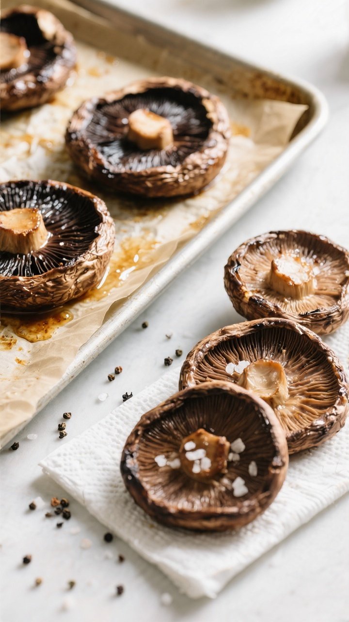 Cooking process: Roasted portobello mushroom caps just out of the oven, gill-side down on a parchmen