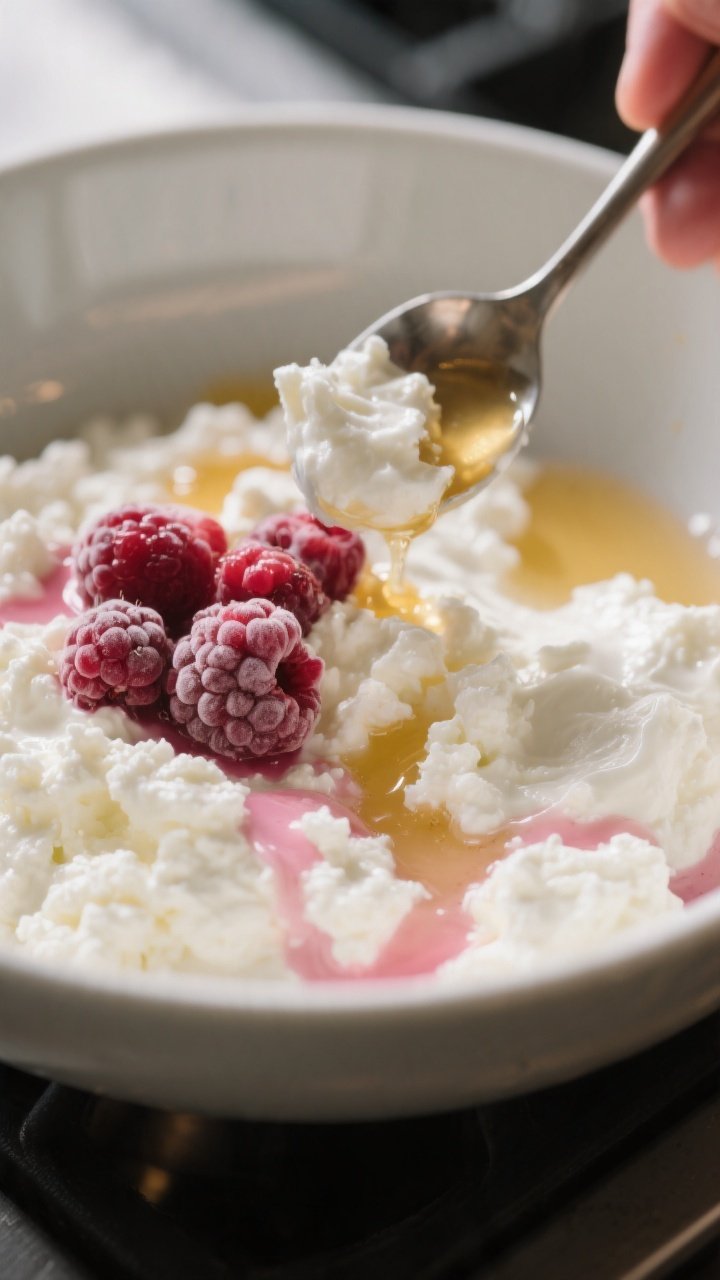 Cooking process: The “before the stir” moment—cottage cheese spooned into a bowl being gently 