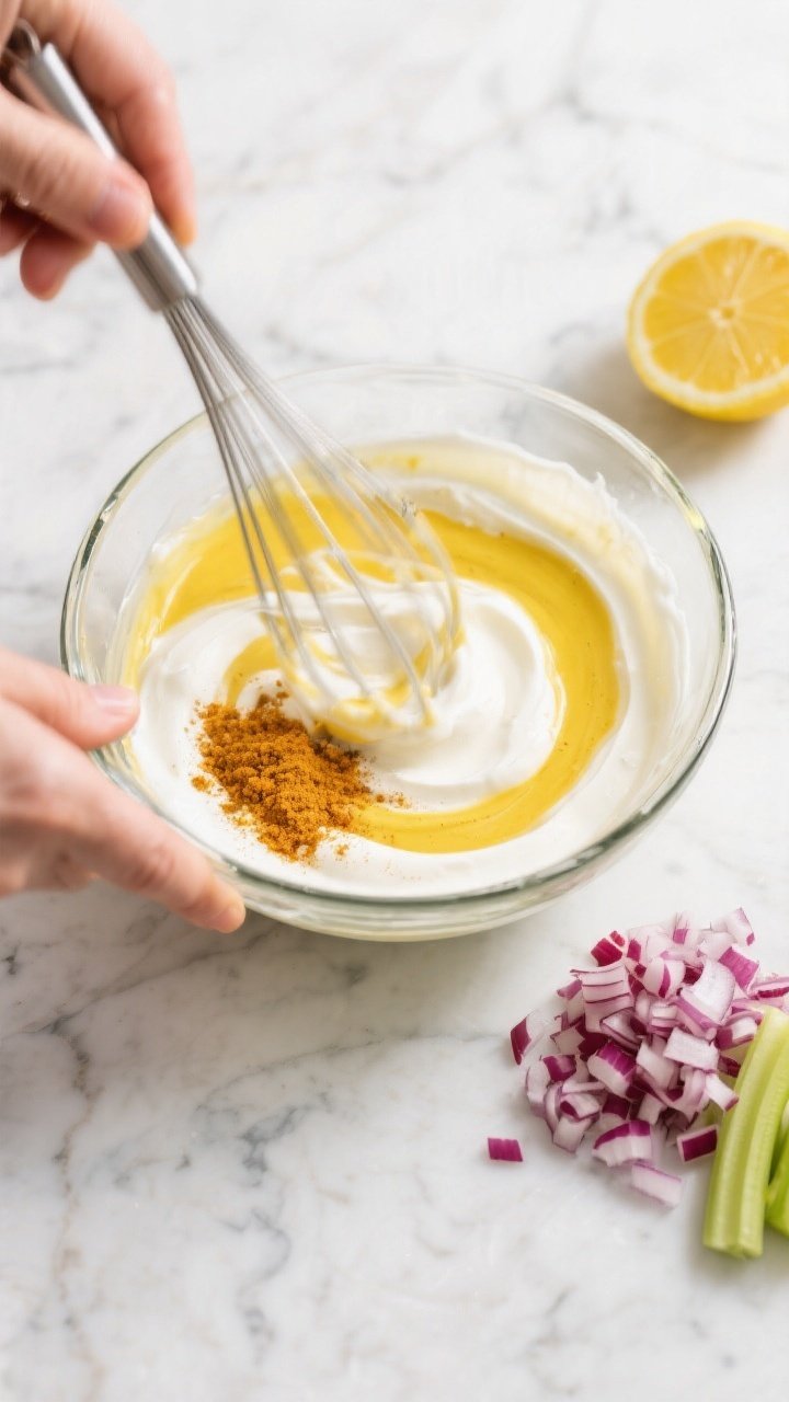 Cooking process: The dressing being whisked in a large glass mixing bowl—Greek yogurt, a small swi