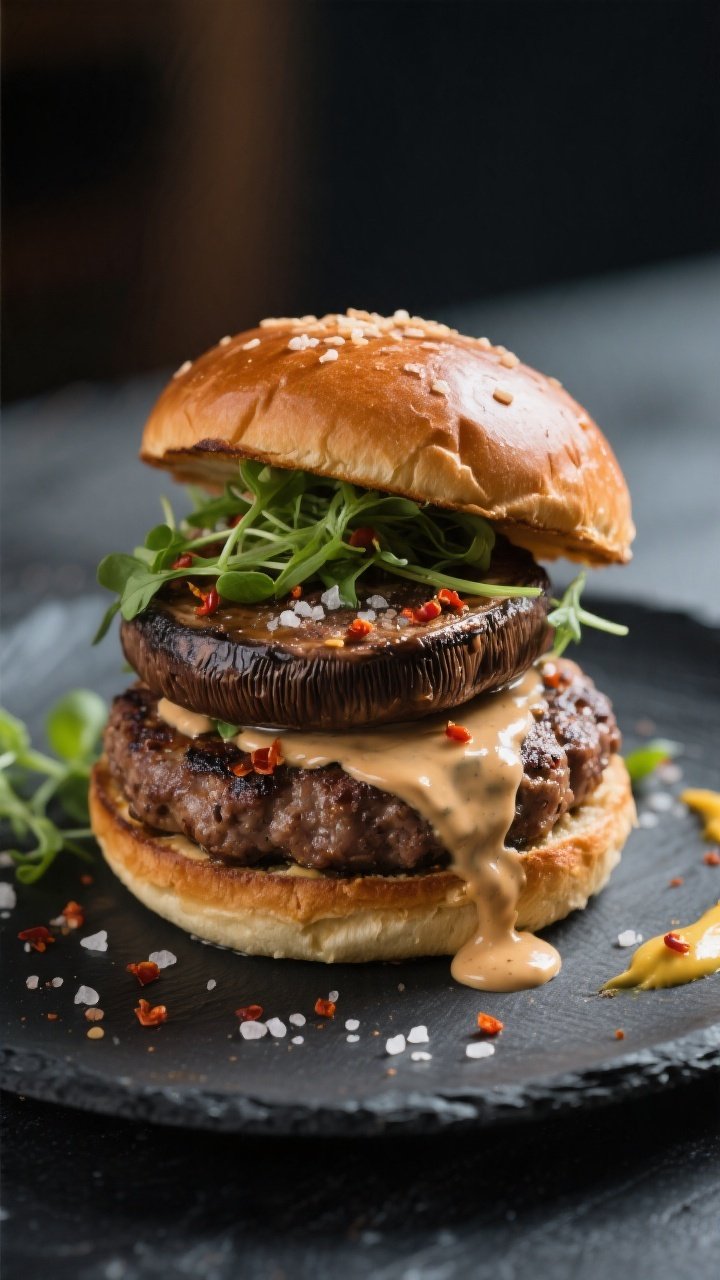 Final dish beauty: Restaurant-quality plated double-portobello burger stack on a dark slate plate—