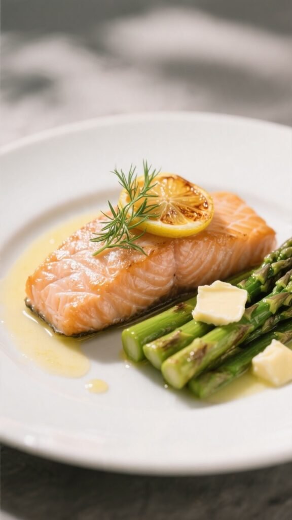 Final dish presentation: Restaurant-quality angled shot of a single salmon fillet on a matte white p