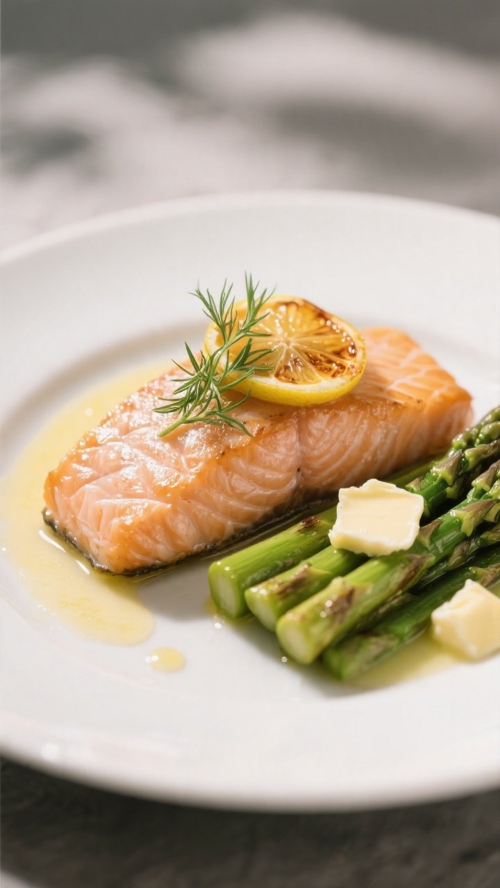 Final dish presentation: Restaurant-quality angled shot of a single salmon fillet on a matte white p
