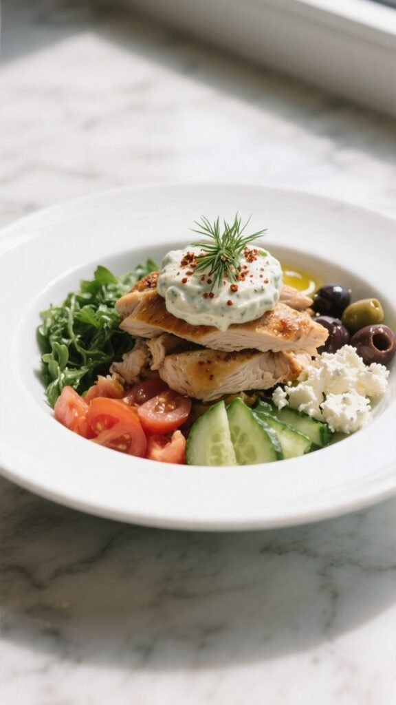 Final dish presentation: Restaurant-quality plating of the Greek Chicken Protein Bowl on a wide whit