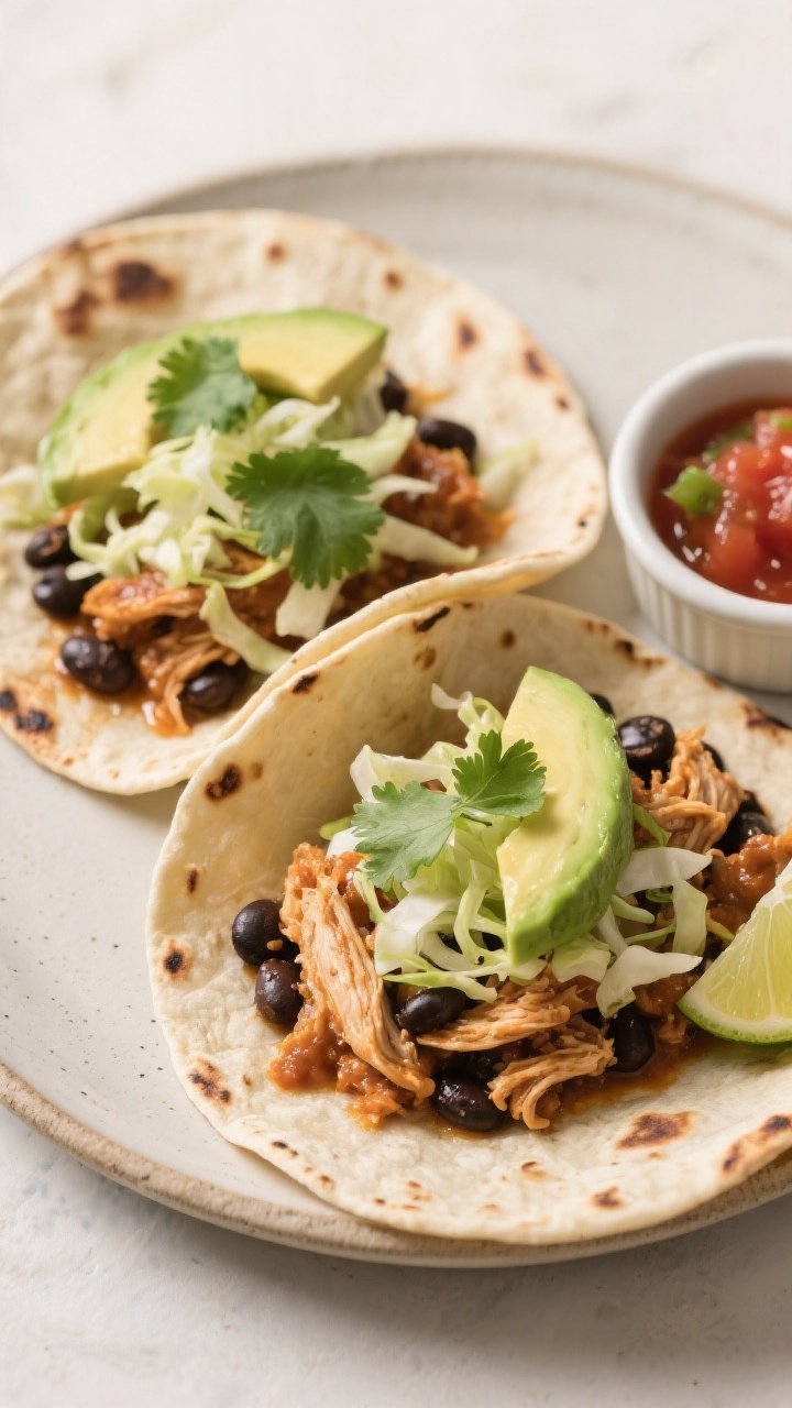 Final dish presentation: Two street-style tacos on a neutral ceramic plate, filled with the saucy sh