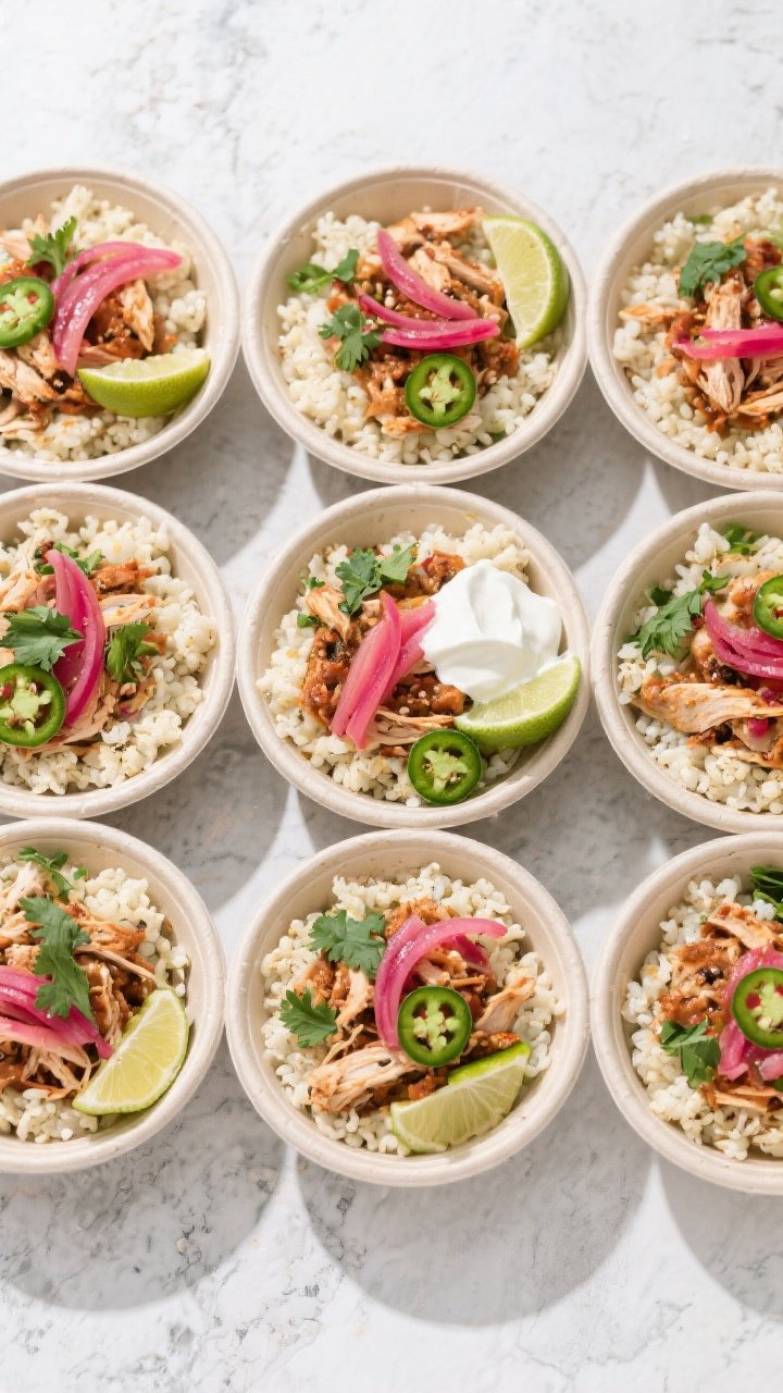 Tasty top view: Meal-prep bowls arranged in a grid, each with a base of fluffy cauliflower rice or q