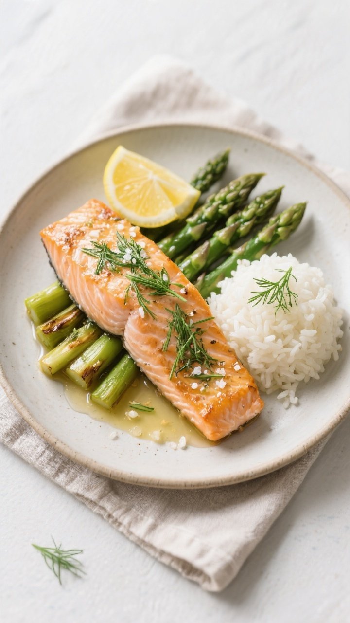 Tasty top view: Overhead plating of lemon dill baked salmon with roasted asparagus, served alongside