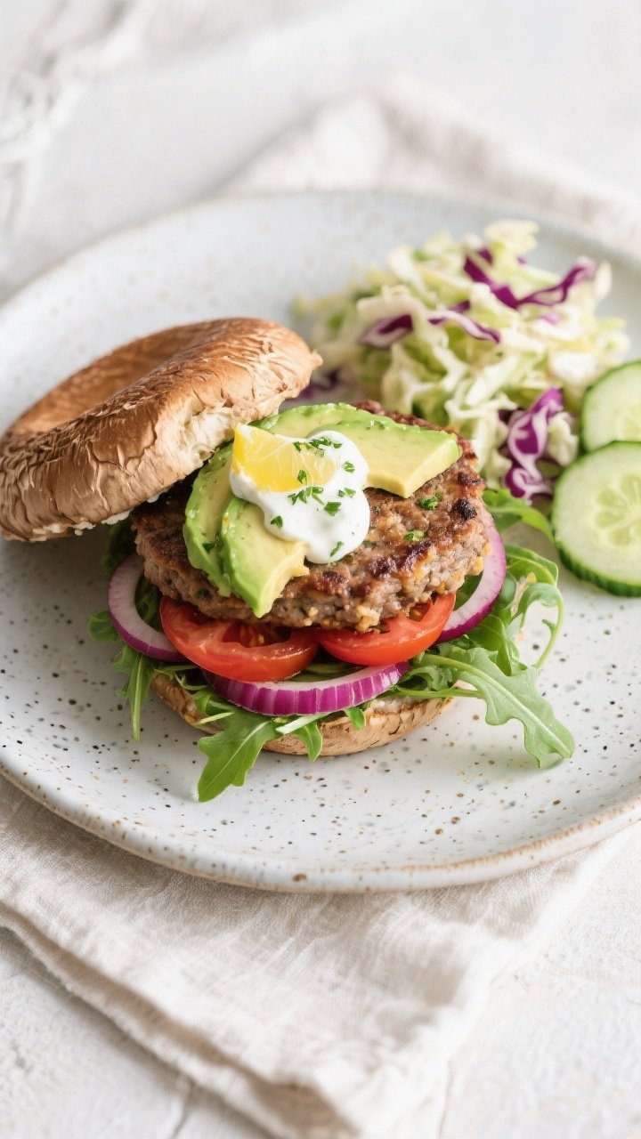 Tasty top view: Overhead shot of assembled mushroom-cap veggie burger, portobello “buns” enclosi