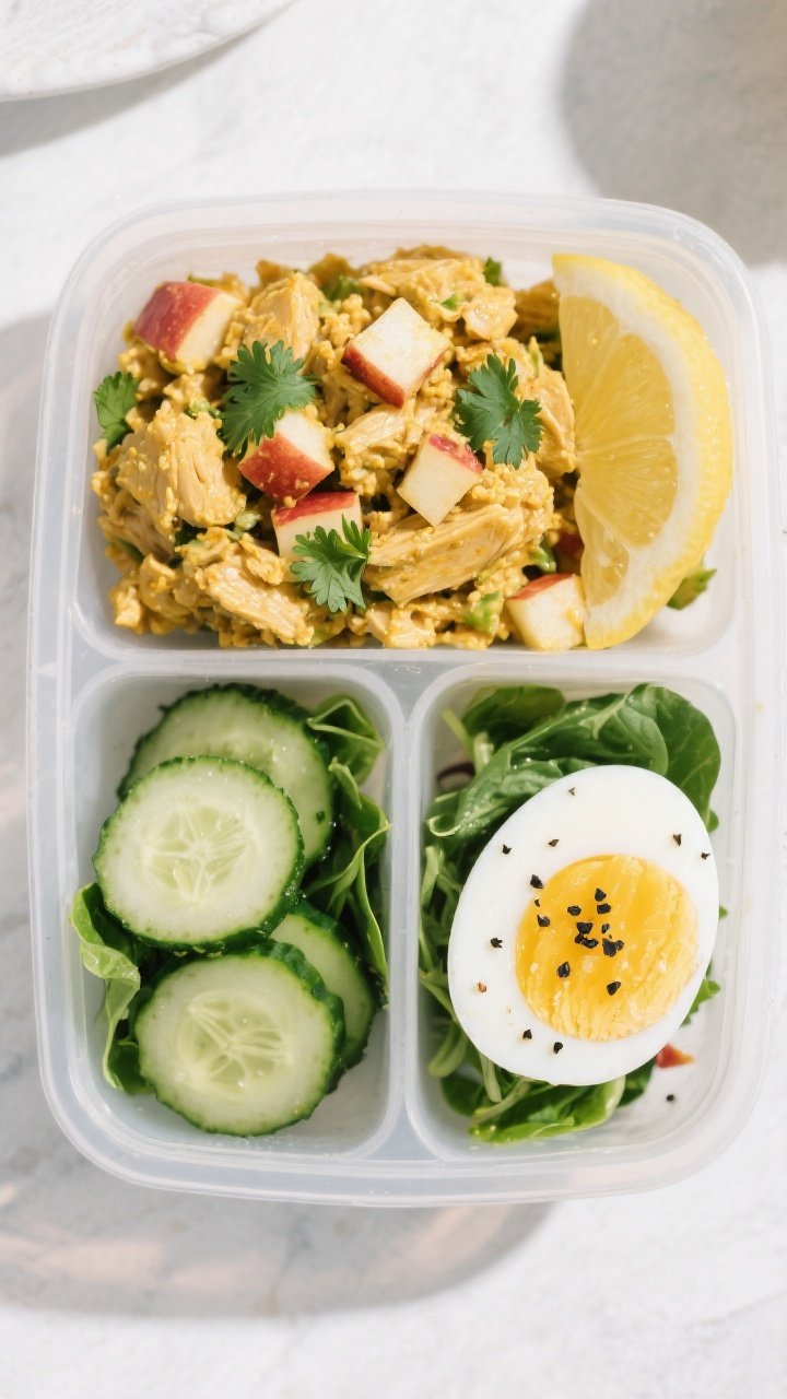 Tasty top view: Overhead shot of the assembled curry chicken salad portioned into a meal-prep contai