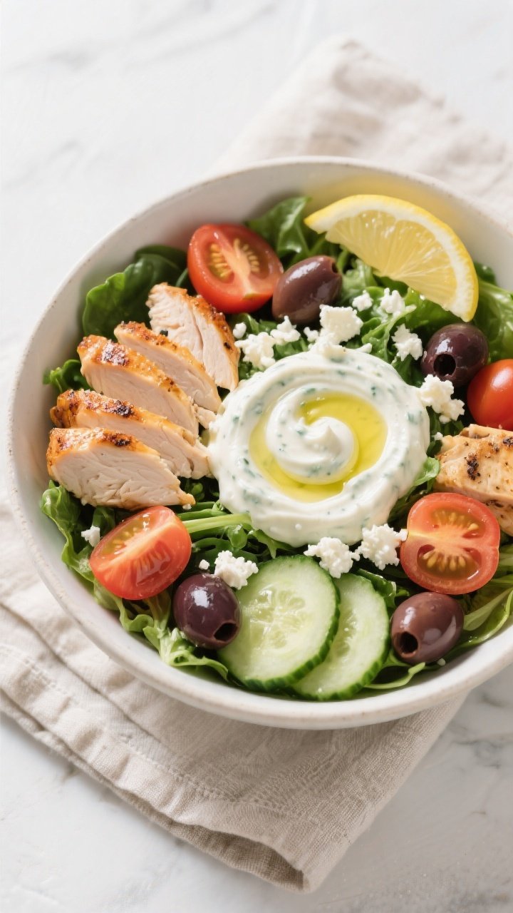 Tasty top view: Overhead shot of the assembled Greek Chicken Protein Bowl—mixed greens base topped