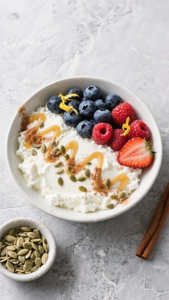 Tasty top view: Overhead shot of the assembled High-Protein Cottage Cheese Breakfast Bowl—neatly l