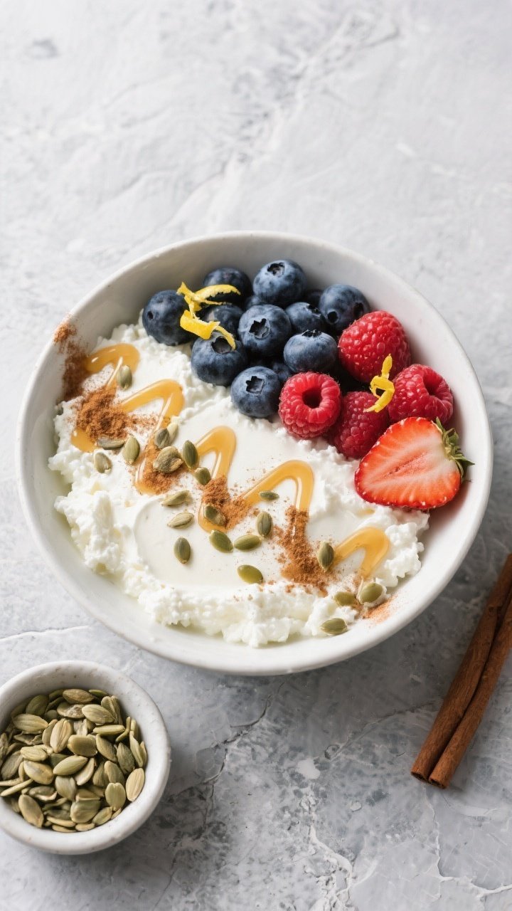 Tasty top view: Overhead shot of the assembled High-Protein Cottage Cheese Breakfast Bowl—neatly l