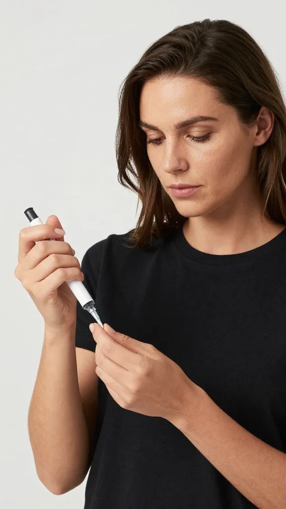 Close-up macro photograph of a single injection pen lying on a clean white laboratory surface with soft, clinical lighting and shallow depth of field