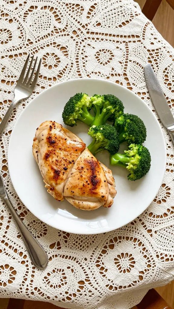 Overhead view of a half-empty dinner plate with fork and knife placed at finished position, suggesting reduced appetite and portion control, soft restaurant lighting