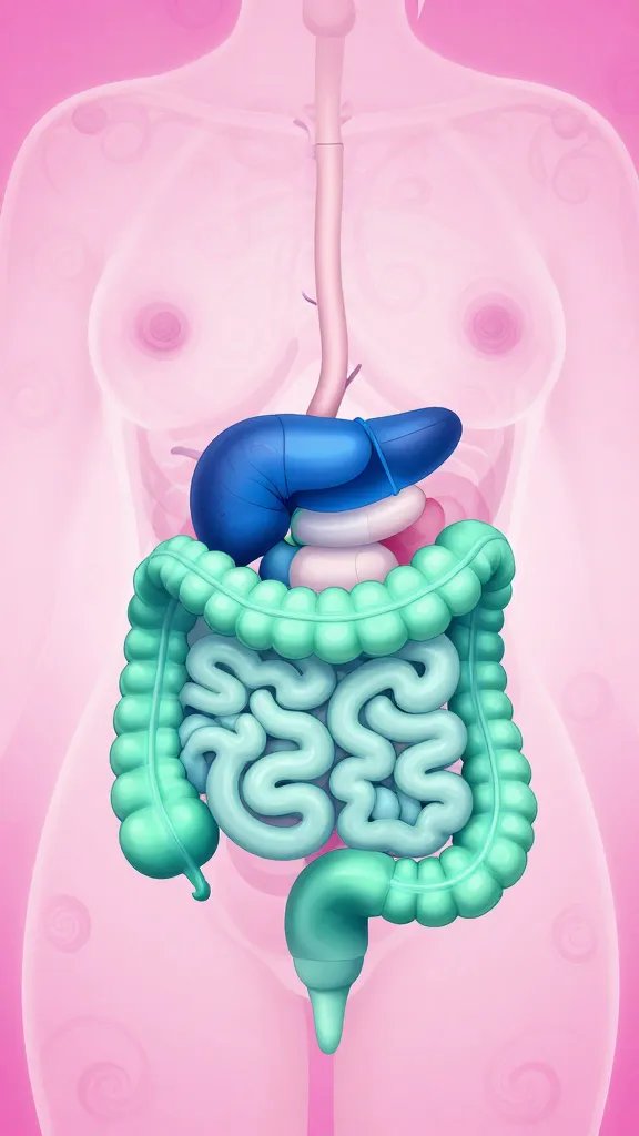 Scientific illustration showing the human digestive system with the pancreas and intestines highlighted in blue and green tones against a neutral background, medical textbook style