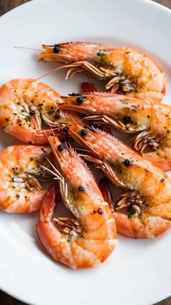 Close-up overhead shot of perfectly grilled pink shrimp with char marks arranged on a white ceramic plate, garnished with fresh herbs, professional food photography with natural lighting and shallow depth of field