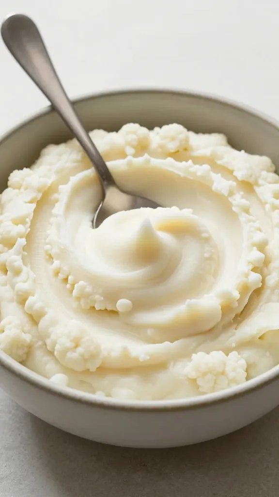 Creamy white cauliflower mash in a rustic ceramic bowl, smooth and fluffy texture visible, with a spoon creating a swirl pattern, soft neutral background, minimalist food styling