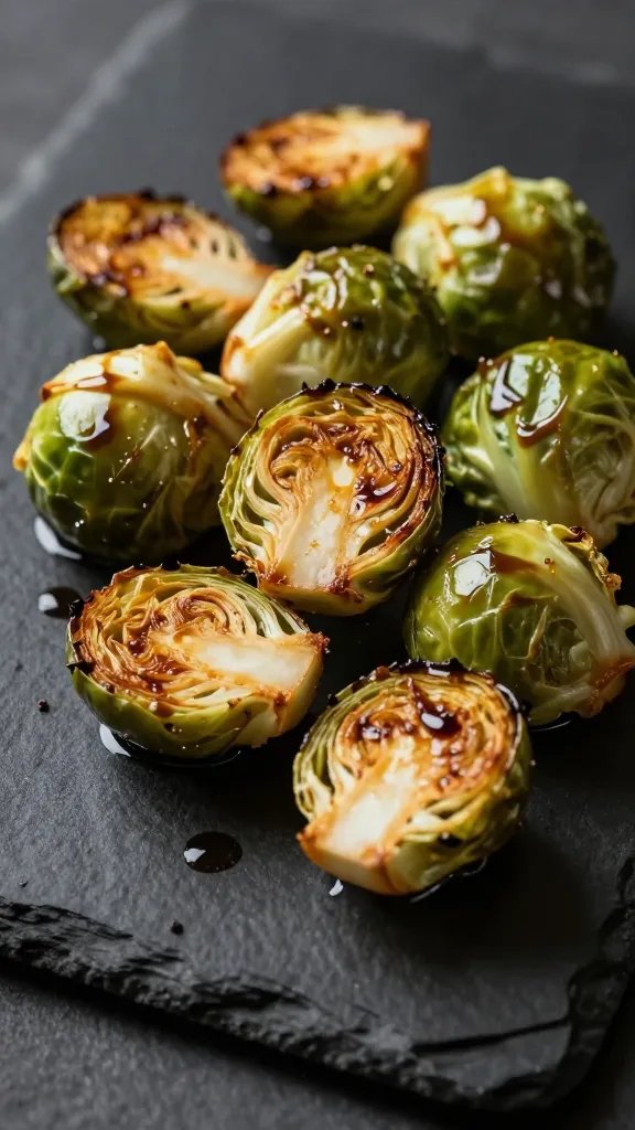 Golden-brown roasted Brussels sprouts on a dark slate surface, glistening with balsamic glaze reduction, cut in half to show caramelized interior, moody restaurant-style lighting