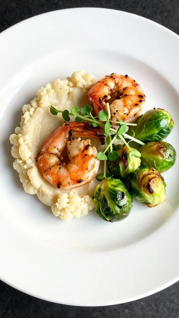 Complete plated dinner showing grilled shrimp alongside cauliflower mash and roasted Brussels sprouts on an elegant white plate, shot from 45-degree angle, garnished with microgreens, modern upscale dining presentation