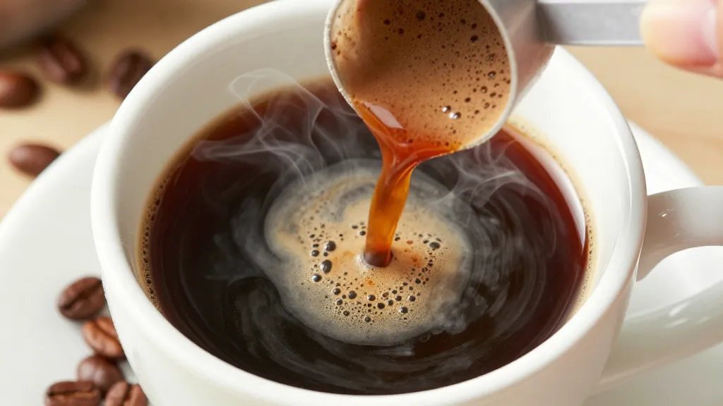 Close-up overhead shot of protein powder being poured from a scoop into a steaming cup of black coffee, creating swirling patterns as it dissolves, with coffee beans scattered around the mug