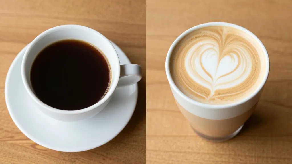 Split-screen style composition showing regular black coffee in one cup and creamy protein coffee in another cup side by side on a wooden table, emphasizing the color and texture difference
