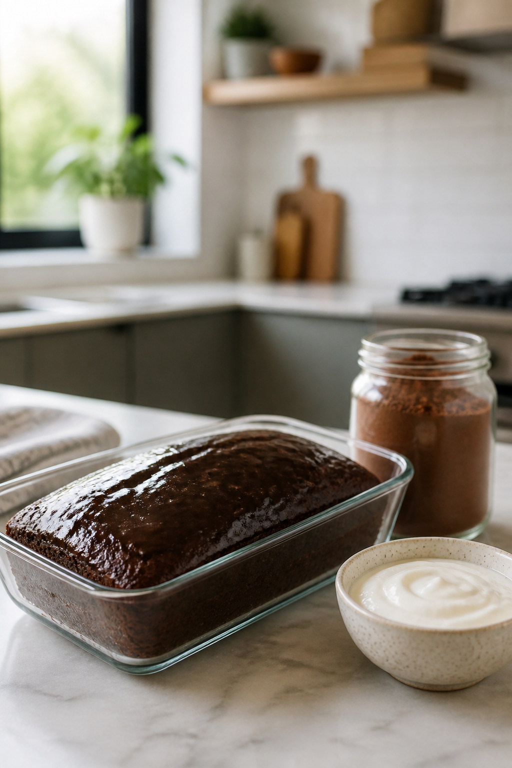 Low Carb, High Protein Dessert- Low Calorie Chocolate Delight 3 A modern, airy kitchen scene featuring a plated dessert in a shallow glass dish, showing a layered chocolate-yogurt dessert with a glossy surface, beside a jar labeled “100% cocoa powder” and a small bowl of yogurt, captured with natural light and a shallow depth of field.
