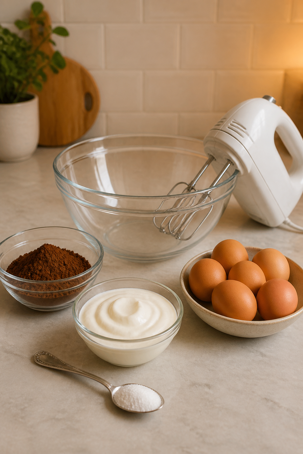 Low Carb, High Protein Dessert- Low Calorie Chocolate Delight 2 A glossy, rich chocolate pudding in a chic glass dessert cup, topped with a delicate dusting of cocoa powder, alongside a small bowl of unsweetened plain yogurt and a spoon of baking sweetener, all set on a clean kitchen countertop with warm ambient lighting.