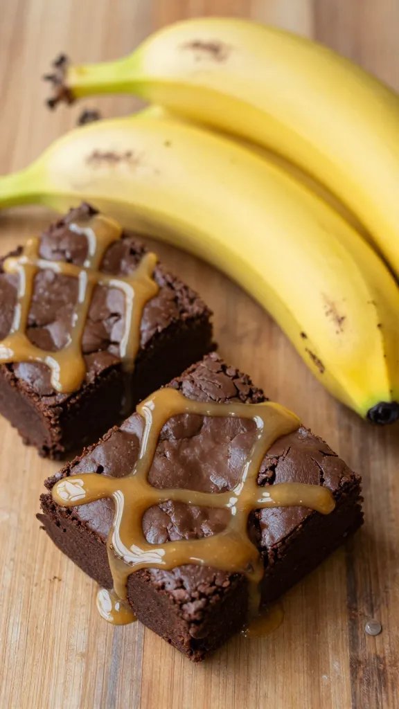 Close-up overhead shot of fudgy chocolate brownies with a glossy honey-brown butter glaze drizzled on top, with three overripe bananas with brown spots placed beside the brownies on a rustic wooden countertop