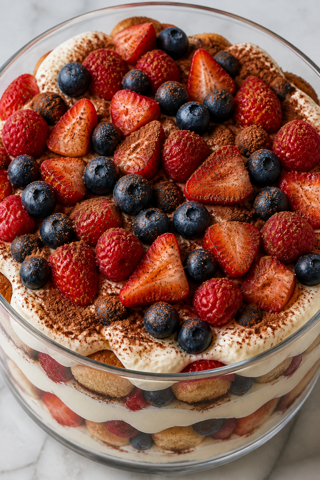 Gluten Free Berry Tiramisu That'Ll Wow Everyone 2 A close-up overhead shot of a glass trifle dish filled with layers of creamy white mascarpone, coffee-soaked ladyfinger cookies, and fresh mixed berries including strawberries, blueberries, and raspberries, with a dusting of cocoa powder on top