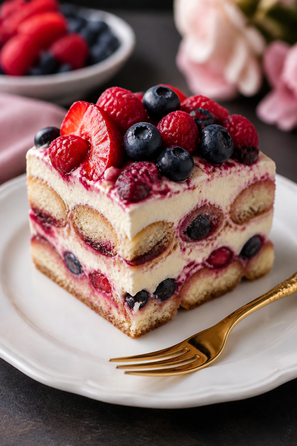 Gluten Free Berry Tiramisu That'Ll Wow Everyone 3 An elegant slice of berry tiramisu on a white dessert plate showing distinct layers of mascarpone cream, soaked cookies, and vibrant red and blue berries, with a gold dessert fork beside it