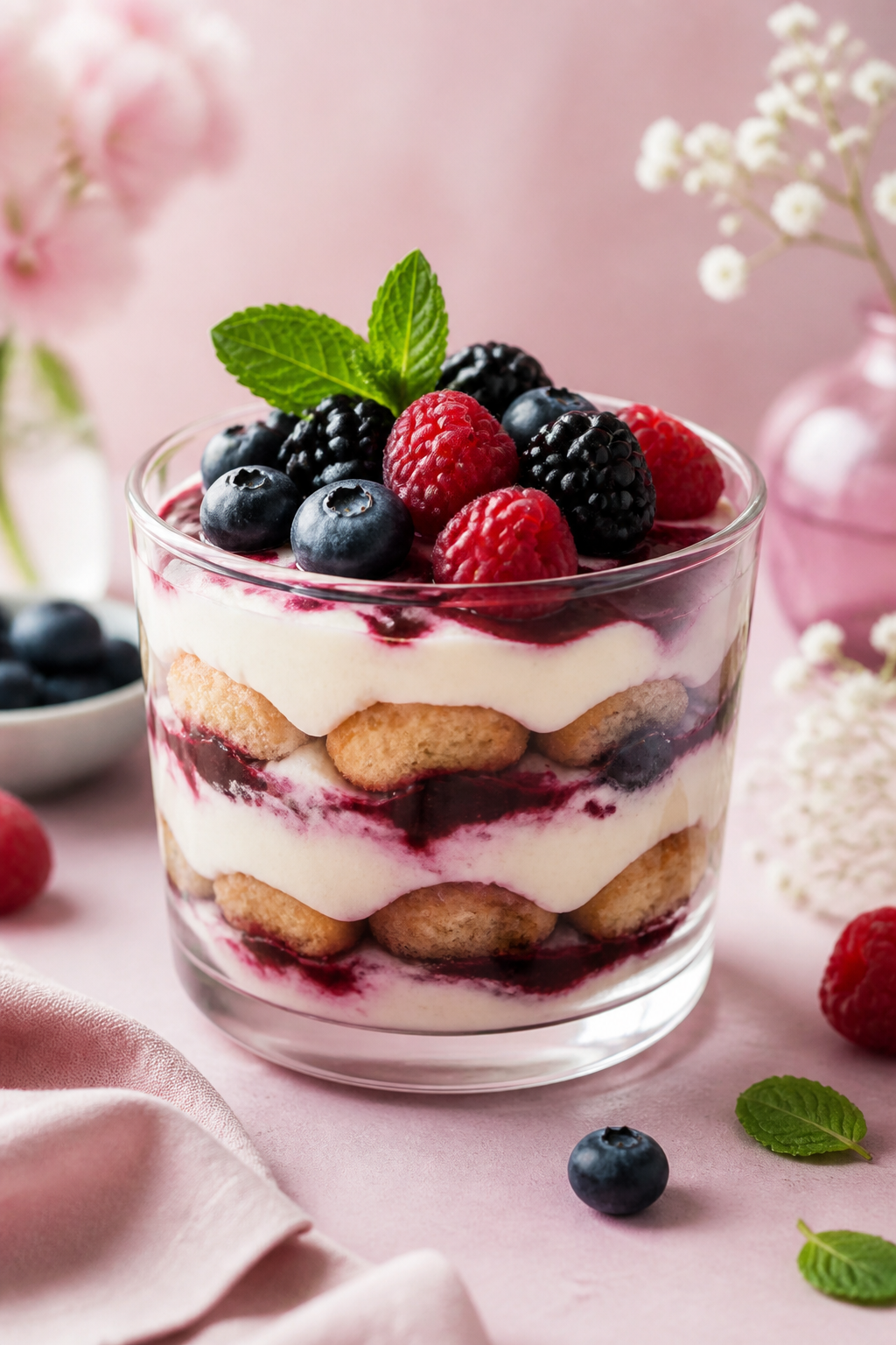 Gluten Free Berry Tiramisu That'Ll Wow Everyone 4 A beautifully styled individual serving of berry tiramisu in a clear glass dessert cup showcasing the layered composition, topped with fresh whole berries and mint leaves, photographed against a soft pastel background