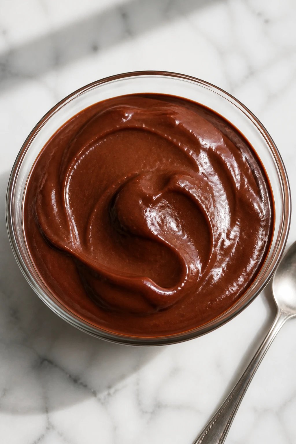 A close-up overhead shot of a rich, creamy chocolate pudding in a clear glass bowl, showing its thick and velvety texture with a glossy surface, placed on a white marble countertop with a silver spoon resting beside it, natural window lighting creating soft highlights on the pudding's surface, photorealistic style, 16:9 aspect ratio