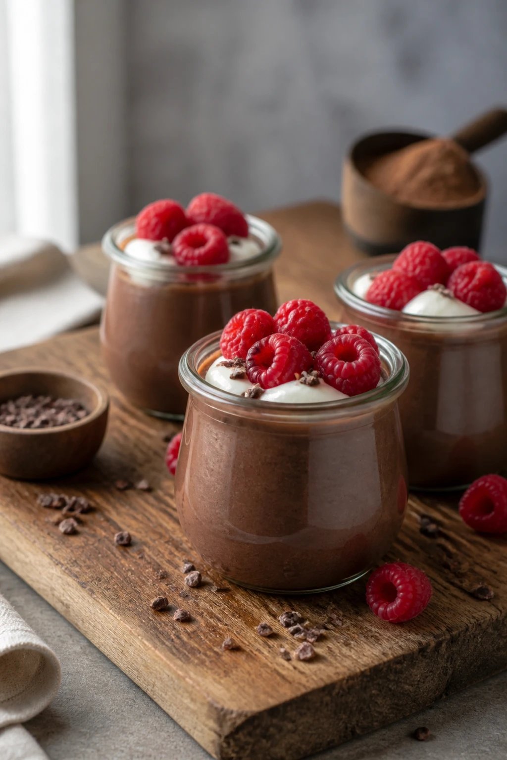 A styled breakfast or dessert scene showing three small glass jars filled with dark chocolate protein pudding, topped with fresh raspberries and a dollop of Greek yogurt, arranged on a rustic wooden board with scattered cacao nibs and a small container of protein powder visible in the background, soft natural lighting from the side, shallow depth of field, photorealistic style, 16:9 aspect ratio