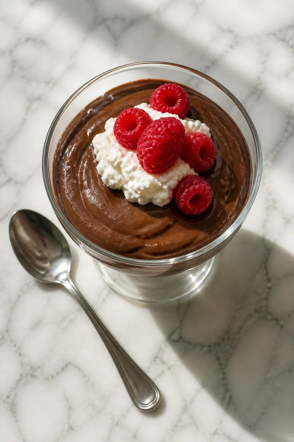 A photorealistic overhead shot of a creamy chocolate pudding in a clear glass dessert cup, rich dark brown color with a velvety smooth texture, topped with a small dollop of cottage cheese and fresh raspberries, sitting on a white marble countertop with a silver spoon beside it, natural window lighting creating soft shadows, 16:9 aspect ratio