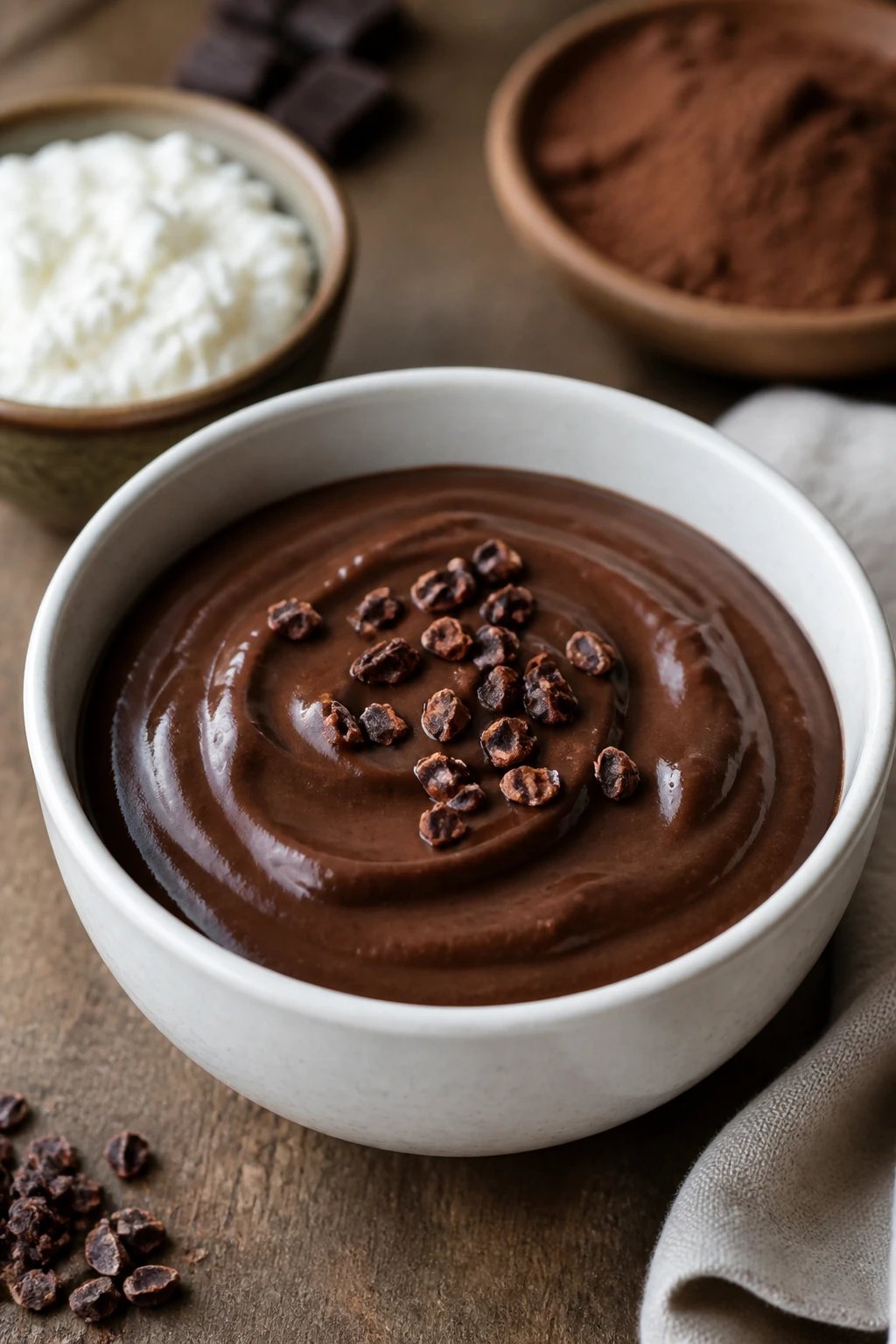 A photorealistic close-up of a white ceramic bowl filled with silky smooth dark chocolate pudding, showing the glossy, thick texture with gentle swirls on the surface, a few cacao nibs scattered on top, placed on a rustic wooden table next to a small bowl of cottage cheese and cocoa powder in the blurred background, warm natural lighting, 16:9 aspect ratio